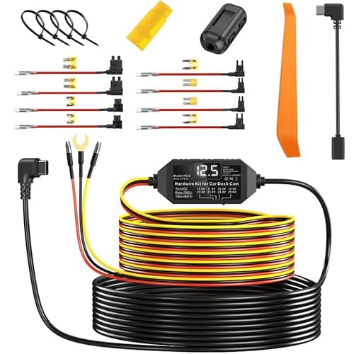 AUCARAUTO Universal USB-C Dash Cam Acc Hardwire Kit with LED Voltmeter and Adjustable Low Voltage Protection, 11.5ft Multi-Size Hardwire Kit for Dash Camera 24H Parking Monitoring (Right Angle Port)