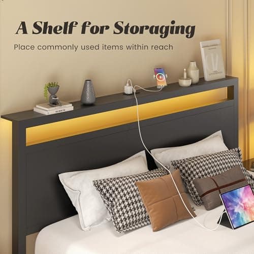 Fluest Queen Bed Frame with Headboard & Footboard, Bed Frame with Built-in Charging Station & LED Light, Storage Shelf, Noise-Free, No Box Spring Needed, Easy Assembly, Classic Black 6