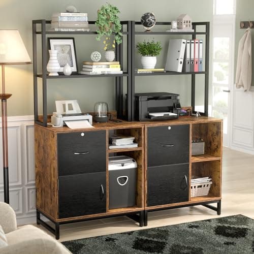 Homieasy Vertical Filing Cabinet with Lock & Charging Station, Large Drawer Wood File Cabinet with Bookshelf, Printer Stand with Open Storage Shelf, fits Letter Size for Home Office, Black and Rustic 5