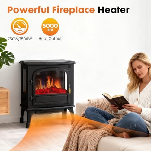 Sweetcrispy Freestanding Electric Fireplace, 26” Indoor Fireplace Heater with 3D Flame Effect, Overheating Safe Design, Energy Saving Space Heater with 12H Timer&Remote for Living Room, Bedroom 6