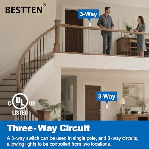 BESTTEN 10 Pack 3-Way Decorator Wall Light Switch with Wallplate, 15A 120V/277V, Single Pole or Three Way, On/Off Paddle Rocker Interrupter, UL Listed, White 5