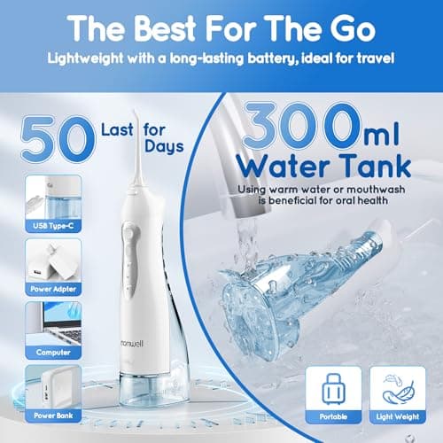 Mornwell Water Dental Flosser Teeth Pick for Teeth, Portable Cordless Water Flossers Oral Irrigator with 10 Intensity 4 Jet Rechargeable IPX7 Waterproof Water Tank Flosser Electric Travel (White) 6