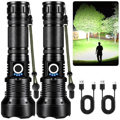 KINGCAESAR Flashlights High Lumens Rechargeable, 2 Pack 90,000 Lumens Super Bright Flashlight, 5 Modes LED Flashlight, IPX7 Waterproof Powerful Flash Light for Home, Outdoor Activities