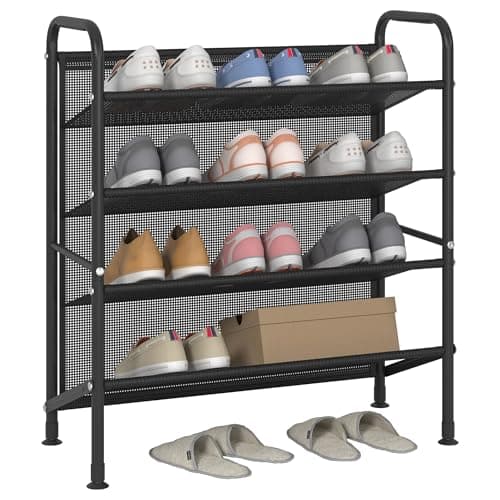 FKUO 4 Tier Shoe rack for closet Mesh fabric narrow Metal shoe racks, Space saving Small Shoe Storage Organizer Shelf for Entryway, Hallway, Dorm Room (Black, 4-Tier)