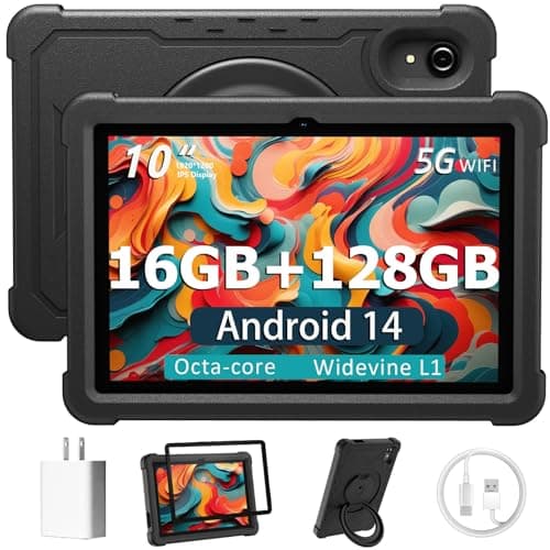 Tablet 10 Inch Android 14 Tablet, 16GB RAM 128GB ROM, 1TB Expansion, Octa-core, Large Capacity Battery, 5MP + 8MP Dual Camera, 5G/2.4G WiFi, Bluetooth 5.0, GPS, Drop-Proof Case - Black (Black)