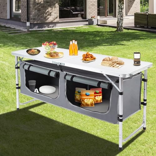Pnbfhn Outdoor Folding Camping Table with Storage Organizer, Portable Aluminum Composite Panel Lightweight Table, 3 Adjustable Height, for Indoor, BBQ, Party, Picnic, Hiking, Beach 7