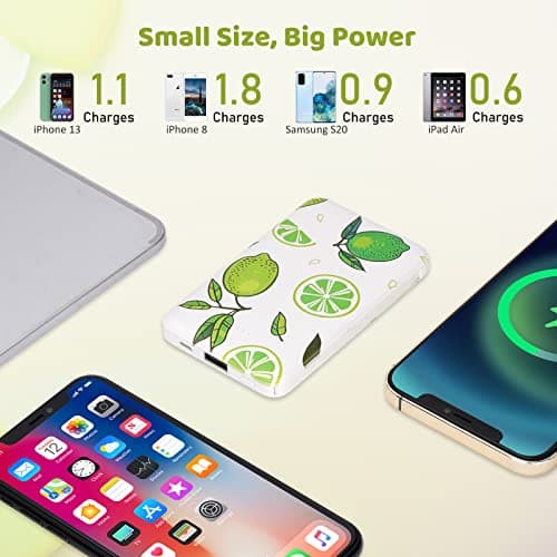 Sethruki Portable Charger 5000mAh Cute Ultra Slim USB C Power Bank for Girls Mini Fast Charging Small Battery Pack with Built in Cables for iPhone iPad Samsung Pixel Android Phones,Lemon 4