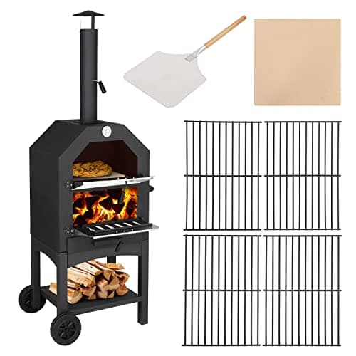 Outvita Outdoor Pizza Oven, Wood Fired Pizza Oven with Adjustable Chimney, Wheels, Pizza Stone, Pizza Peel, Grill Rack for Patio Cooking Picnic Party