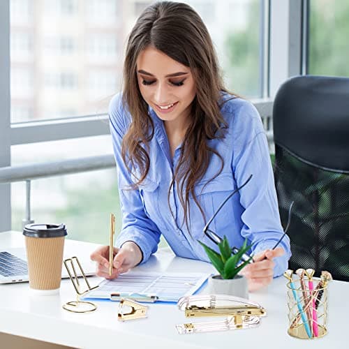 EOOUT Gold Office Supplies Set Desk Accessories, Acrylic Stapler Set Staple Remover, Phone Holder, Tape Holder, Pen Holder, 2 Ballpoint Pen, Scissor, Binder Clips, Ruler, Transparent Glue and Staples. 6