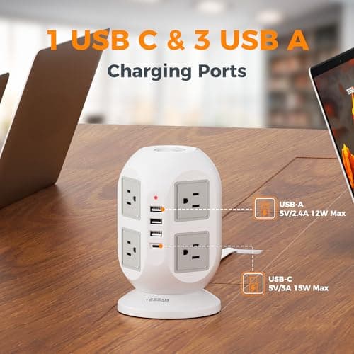 TESSAN Tower Surge Protector Power Strip 10 ft, Long Flat Extension Cord with Multiple Outlets, 8 AC Outlets with 4 USB Ports (1 USB C), Charging Station with Surge Protection, for Home Office Dorm 7