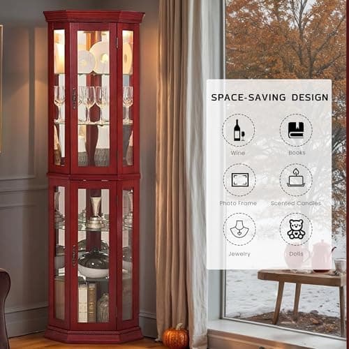 CKEASEAN Corner Curio Cabinet with Light Bulb, Tempered Glass Doors, Floor Standing Glass Display Cage with 6 Tempered Glass Shelves, Wine Cabinet Storage Rack for Bar and Liquor Storage (Cherry) 5