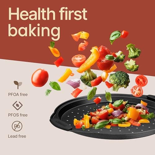Bakken Pizza Baking Pan - Round Perforated Carbon Steel Pan with Non-Stick Marble Coating, Oversized Silicone Handle, Dishwasher Safe, High-Temperature Resistant, Durable & Easy Cleanup Gray, 1 Pack 5