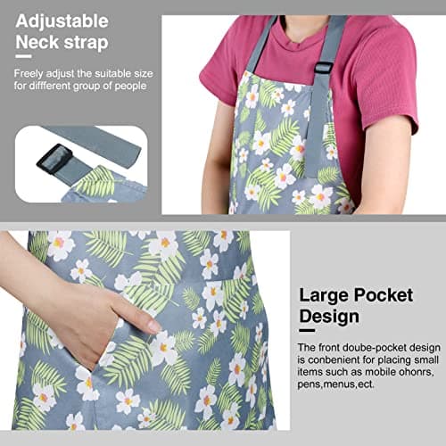 BOUMUSOE 3 Pack Floral Aprons with Pocket, Blooming Womens Aprons Waterproof Adjustable Cooking Aprons for Kitchen Gardening and Salon 5