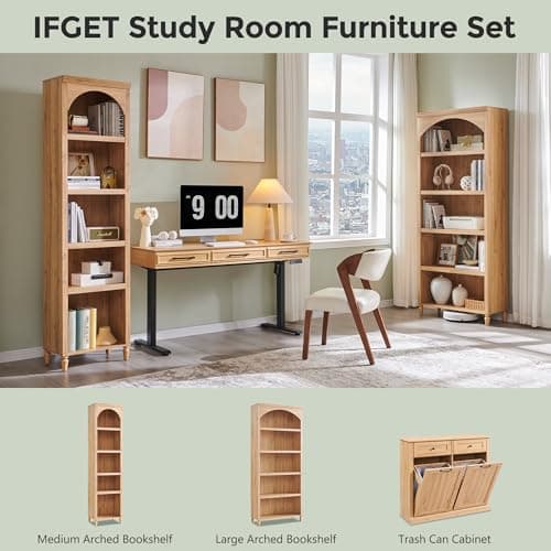 IFGET 76" Tall Arched Bookcase, Farmhouse 5 Tiers Narrow Arched Bookshelf Cabinet with Adjustable Shelves, Modern Wooden Book Shelf w/Storage and Open Display Shelves for Living Room, Office-Natural 6