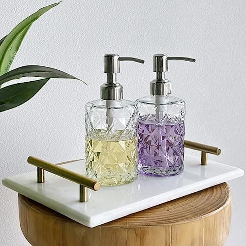 JASAI 2Pack Diamond Embossed Glass Soap Dispenser with 304 Rustproof Stainless Steel Pump, 12 OZ Bathroom soap Dispenser with A Wooden Tag, Elegant Hand Soap Dispenser for Bathroom & Kitchen 7