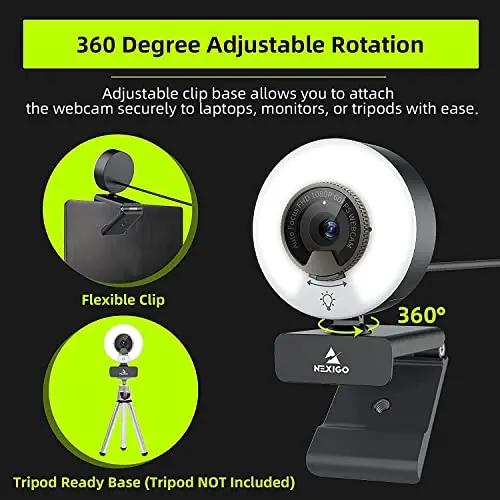 NexiGo N960E 1080P 60FPS Webcam with Light, Software Included, Fast AutoFocus, Built-in Privacy Cover, USB Web Camera, Dual Stereo Microphone, for Zoom Meeting Skype Teams Twitch (Renewed) 7