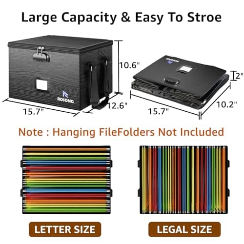 ROSONG Fireproof Document Box File Organizer - Portable Locking Filing Storage Box with Handle Waterproof for Hanging Letter/Legal Folder Important Document 6