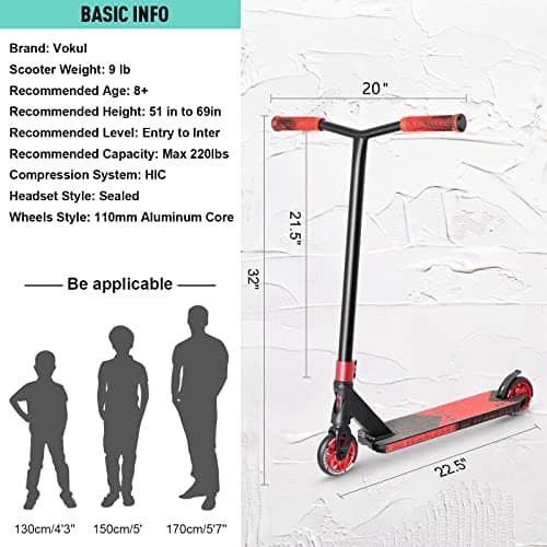 VOKUL K1 Pro Trick Scooter | Stunt Scooter, for Kids 8 Years and Up,Teens,Adults - Best Entry Level Freestyle Stunt Scooter for,Boys,Girls - Freestyle Skate Park Street Scooter (Red) 6