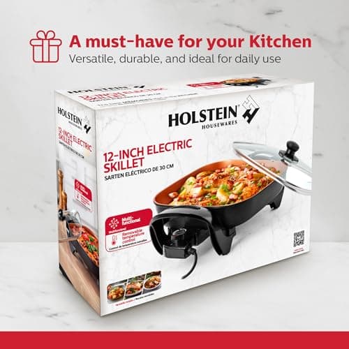Holstein Housewares 12-Inch Electric Skillet - 1400W Electric Pan with Adjustable Temperature Control, PFOA-Free Non-Stick Coating, Cool-Touch Handles, Multi-Function Cooker, Copper & Black 8