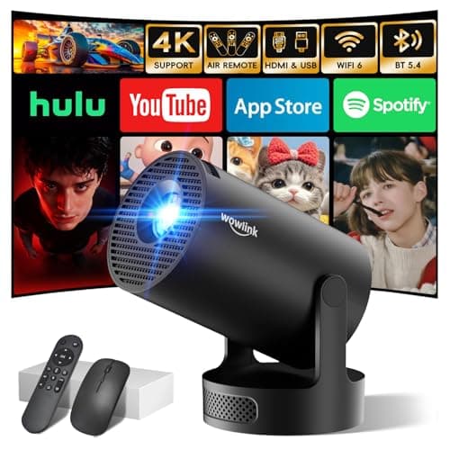 [Built-in Apps & 2026 Upgraded] Mini Projector with WiFi 6 and Bluetooth 5.4 Support 4K 1080P Auto Keystone 180° Rotatable Projector Portable Compatibile with HDMI/TV Stick/Memory Stick/Laptop