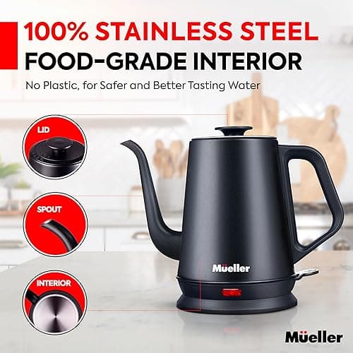 Mueller Electric Gooseneck Kettle with Pour Over Drip Coffee Maker Coffee Serving Set, Stainless Steel, Tea Kettle, Matte 4