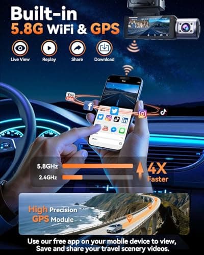 TERUNSOUl 4K Dash Cam Front and Rear, Full HD 3 Channel Dashcam, Free 128GB MicroSD Card, Built-in 5.8GHz WiFi Built-in GPS, Collision Sensor, Night Vision, HDR, 3.16" IPS, 24H Parking Mode（Black） 6