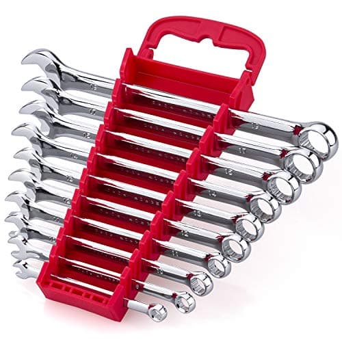 Max Torque 10-Piece Premium Metric Combination Wrench Set, Chrome Vanadium Steel, Long Pattern Design | Include Metric Sizes 6, 8, 10, 11, 12, 13, 14, 15, 17, 19mm with Storage Rack Organizer