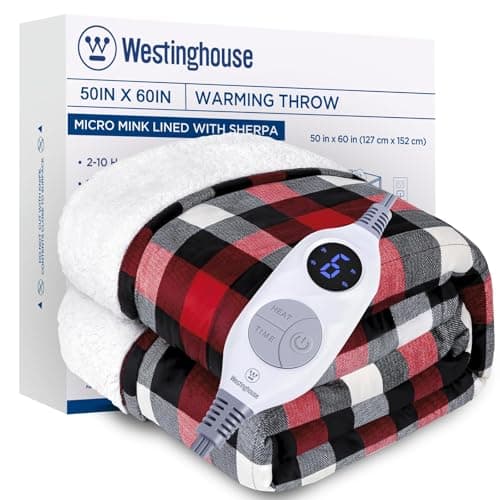 Westinghouse Electric Throw Heated Throw Blanket Soft Flannel & Sherpa Heating Blanket with 6 Heating Levels 2-10 Hours Auto-Off, Fast Heating & Overheat Protection Machine Washable, Red 50x60 Inches