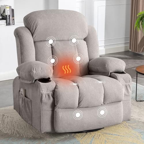 BOSMILLER Massage Recliner Chair, Swivel and Rocking Recliner with Heat and Vibration, Breathable Fabric Ergonomic Single Sofa Chair for Living Room with Cup Holders, Side Pockets
