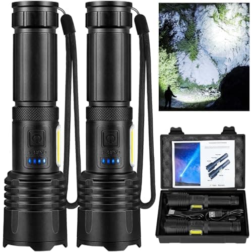 GISAEV Rechargeable LED 90,000 High Lumens Flashlights, 2 Pack Super Bright Flash Light with Cob, 7 Modes Waterproof Powerful Flashlight for Home, Camping