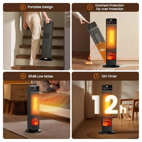 Tower Heaters for Indoor Use, 750W / 1500W Electric Fireplace Heater W / 3D Flame, Heater and Fan Combo 90° Oscillation, Child Lock & Eco Mode, 12h Timer, Remote Control, Home & Office 5
