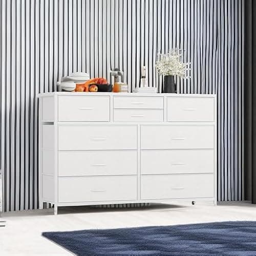 Jojoka Wide 10 Drawer Dresser,TV Stand Entertainment Center Fabric Storage Dressers Drawers for Bedroom, Hallway, Nursery, Closets, Steel Frame, Wood Top (White) 6