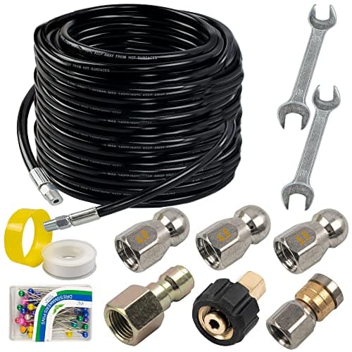 Hourleey Sewer Jetter Kit for Pressure Washer 100FT, Drain Cleaner Hose 1/4 Inch NPT, Orifice 4.0 Button Nose and Rotating Sewer Jetting Nozzle Spanner Tape Pearl Corsage Pin, 4000 PSI