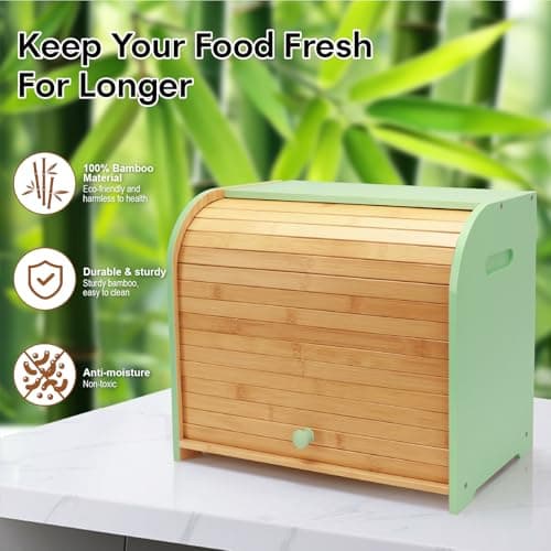 Thalomely Bread Box for Kitchen Countertop, Double Layer Bamboo Bread Storage Container for Homemade Bread, Roll Top Bread Box with 3 Adjustable Height for Kitchen Counter, Cyan Breadbox Organizer 6