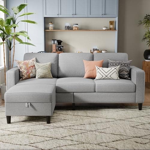Lonkwa Sectional Sofa Couches for Living Room - Light Grey 3 Seat L-Shaped Couch with Storage Ottoman, Comfy Fabric Convertible Sectionals Sofas with Chaise for Apartment, Office, Small Space