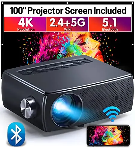 Projector, CLOKOWE 10000L 1080P HD 5G WiFi Bluetooth Projector, Portable Movie Projector with Screen, Home Theater Video Projector Compatible with Android/iOS/TV Stick/PS4, Support 4K&300”