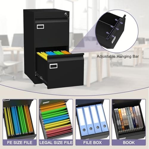 2 Drawer Metal File Cabinet with Lock, Black Locked Filing Cabinets, Vertical Small File Cabinet with Key, Under Desk Filing Cabinets for Home Office 5