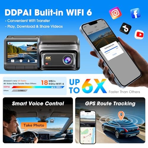 DDPAI 4K Dash Cam Front and Rear, Built-in 32G eMMC Dual Dash Car Camera,64GB Card Included Dashcam,Night Vision Dash Camera,5GHz WiFi, 7 Days Parking Mode,GPS,3" IPS, ADAS, WDR, Support 512GB,Z60 7