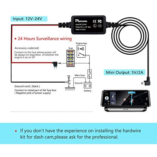 Dash Cam Hardwire Kit, Mini USB Hard Wire Kit Fuse for Dashcam, Plozoe 12V-24V to 5V Car Dash Camera Charger Power Cord, Gift 4 Fuse Tap Cable and Installation Tool（11.5ft 7