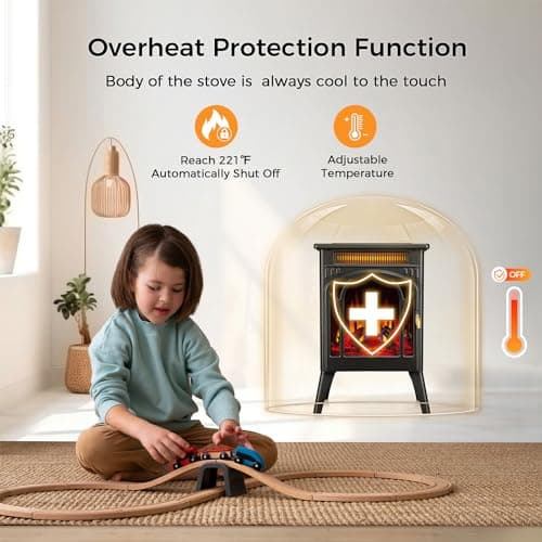 Joy Pebble Electric Fireplace Stove, 1500W 3s Fast Heating, 17" Infrared Fireplace Heater, Remote Control & 8H Timer, Adjustable Flame Color and Brightness, Overheat Protection, ETL Certified 5