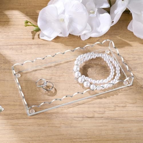 Acrylic Bathroom Vanity Tray 7.9", Soap Dispenser Decorative Scalloped Tray for Bathroom Kitchen Living Room Decor Vanity Perfume 6