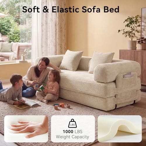 Nordivale 79" Sofa Bed Convertible Boneless Couch Corduroy Modular Couch Bed with Fixed-Shape Frame & Removable Armrests for Living Room, Bedroom (White) 5