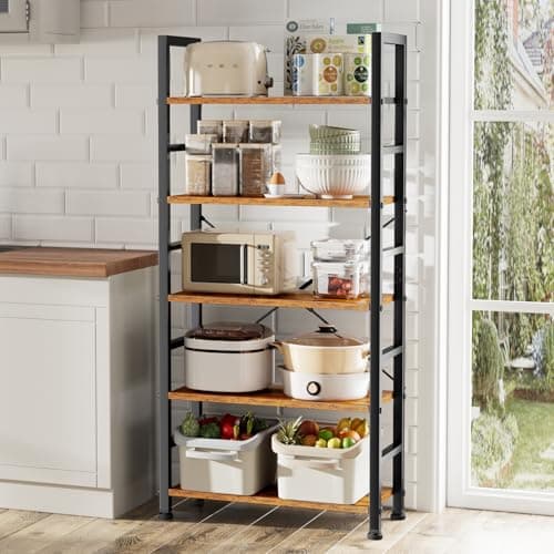 Sweetcrispy Book Shelf, 5 Tier Bookcase, Modern Tall Bookshelf Corner Storage Organizer for Garage Kit, CDs, Movies Suitable Home Office Bedroom, Kitchen, Living Room - Brown 7