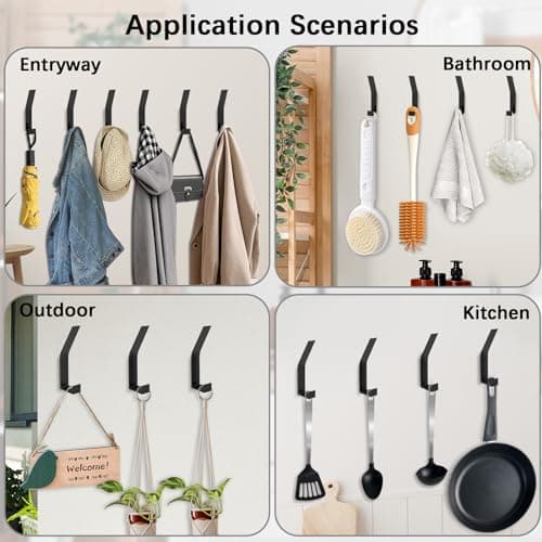 6 Pack Coat Hooks Wall Mount - Heavy Duty Hat Hangers, Large Wall Hooks for Mudroom Entryway Bathroom, Decorative Metal Hook Rack for Hanging Purse, Baseball Cap, Key, Backpack, Towel, Robe (Black) 7