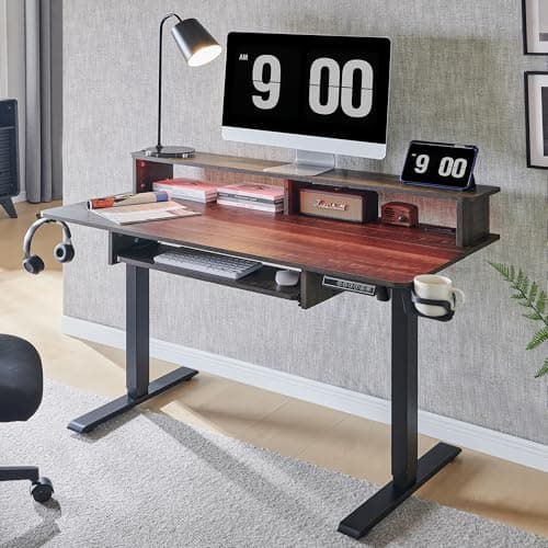 RedLemon 48Inch Gaming Desk, Electric Standing Desk with Height Adjustable, Power Outlets, LED Lights, Keyboard Tray, and Monitor Shelf, Stand Up Computer, Dark Rustic Oak