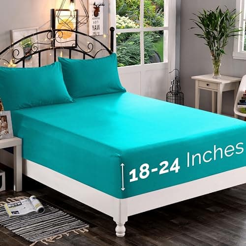 Elegant Comfort 1500 Premium Quality Fitted Sheet Ultra Soft 18-24 Inch Extra Deep Pocket - Single Fitted Sheet for High Mattress - Wrinkle Free with Smart Storage Pockets, Queen, Turquoise