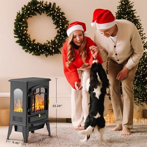 COWSAR Electric Fireplace Stove, Freestanding Fireplace Heater with Realistic Flame, 1000/1500W Fireplace Heater, Overheating Safety Device, Thermostat, Adjustable Flame Brightness 7