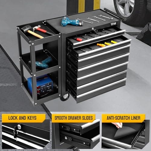 TUFFIOM 7-Drawer Rolling Tool Chest with Side Shelves, Tool Storage Side Cabinet w/Lockable Wheels, Top Cushion & Drawer Liners, Tool Organizer Box for Garage, Warehouse & Repair Shop 5