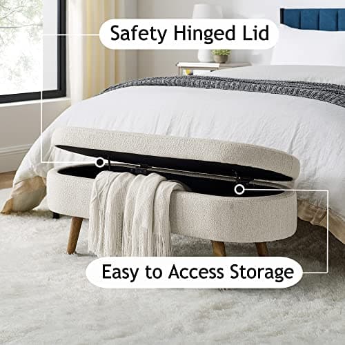 IAFIKE Oval Storage Bench 43.5'' Linen Fabric Upholstered Entryway with Solid Wood Legs Ottoman Indoor for Living Room/Bedroom/End of Bed/Entryway/Bed Side (Beige) (IA-013) 6