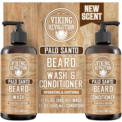 Viking Revolution Palo Santo Beard Wash and Beard Conditioner Set with Argan and Jojoba Oils - Softens and Strengthens - Natural Palo Santo Scent - Beard Shampoo with Ginseng Root Extract (17 oz)